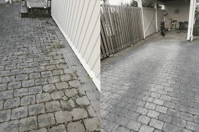 För och efter bild för en uppfart som Rutly tvättade
